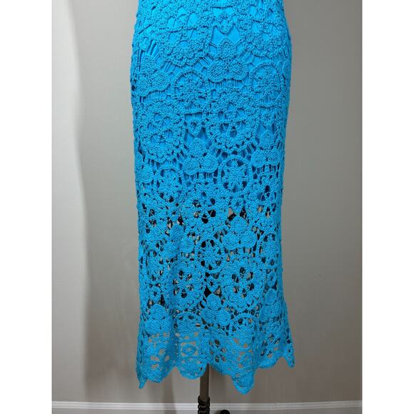 House of Harlow Blue Lace Open Knit Midi Bodycon Dress XS Lined Crochet Colorful - Picture 5 of 16